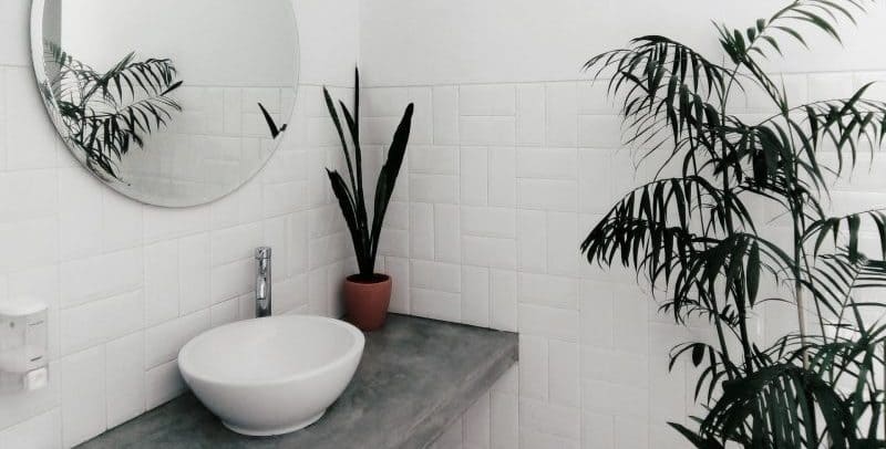 white bathroom with stone vanity, round mirror and indoor plants