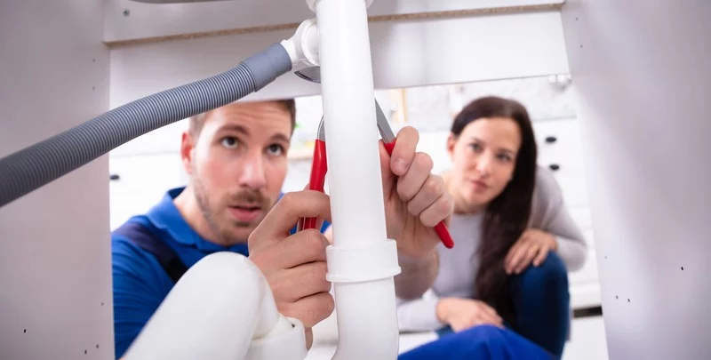 Male plumber in blue uniform fixing a blocked drain as a female customer watches. 