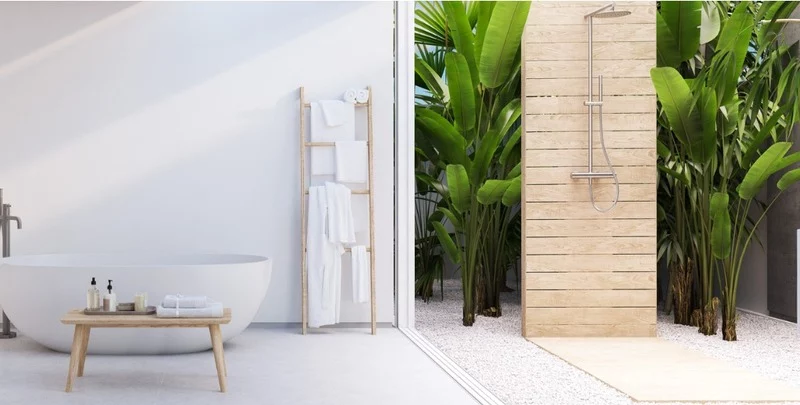 new modern zen bathroom with tropic plants