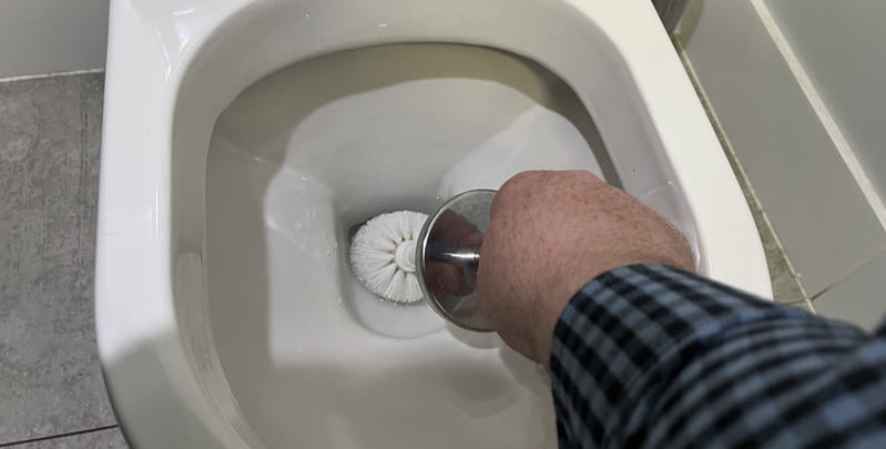 Male hand holding a toilet brush in the water of a toilet bowl.