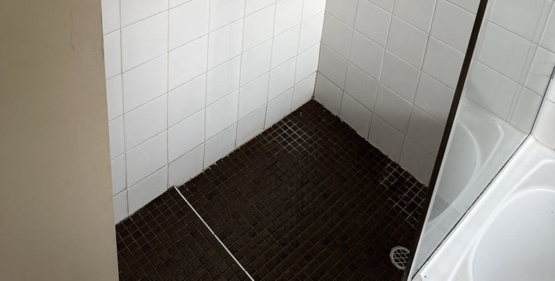 Shower drain positioned on shower floor. 